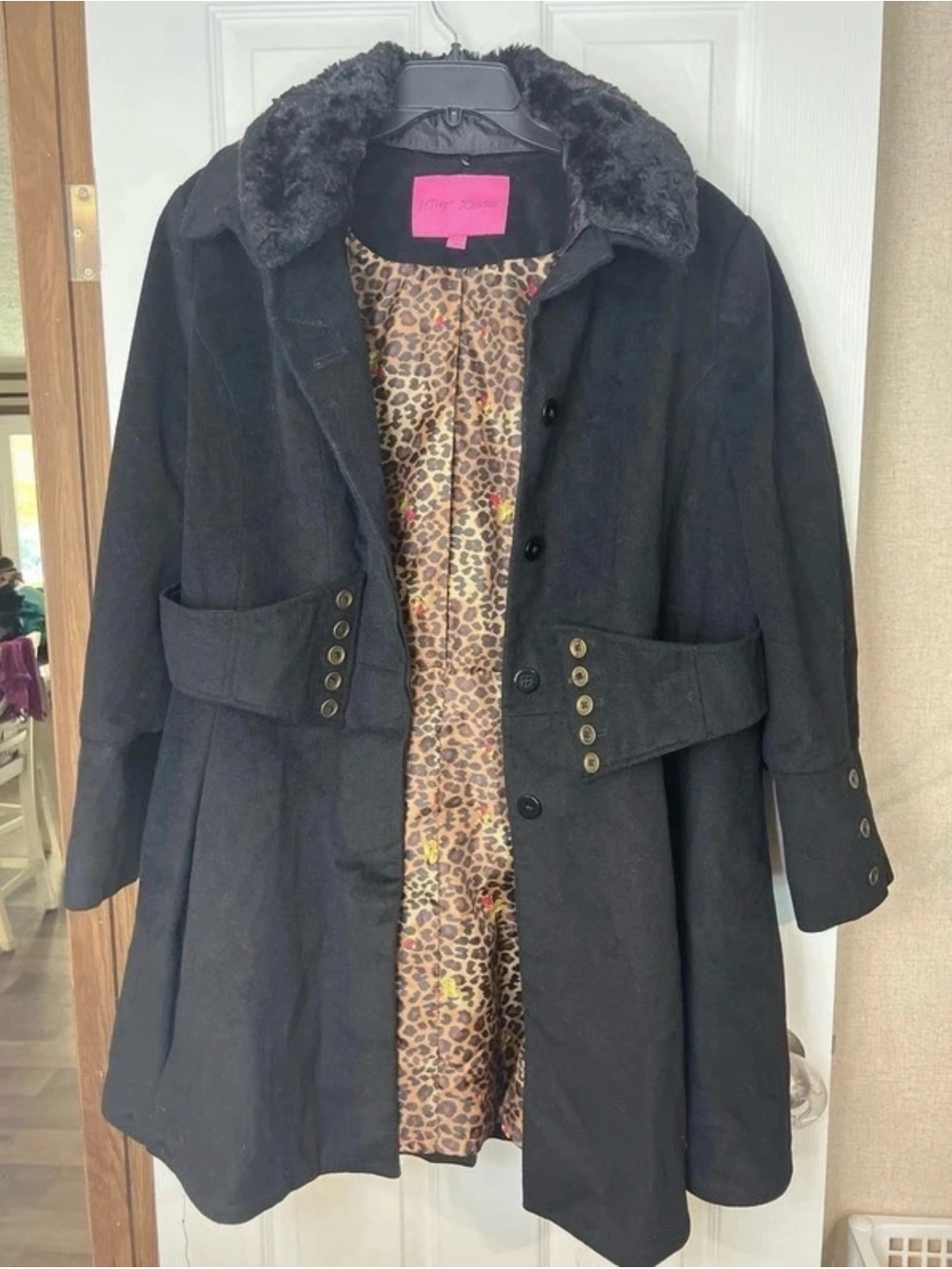 Betsey Johnson Black Faux Fur Collar Coat with Leopard & Floral Lining - Size 2X